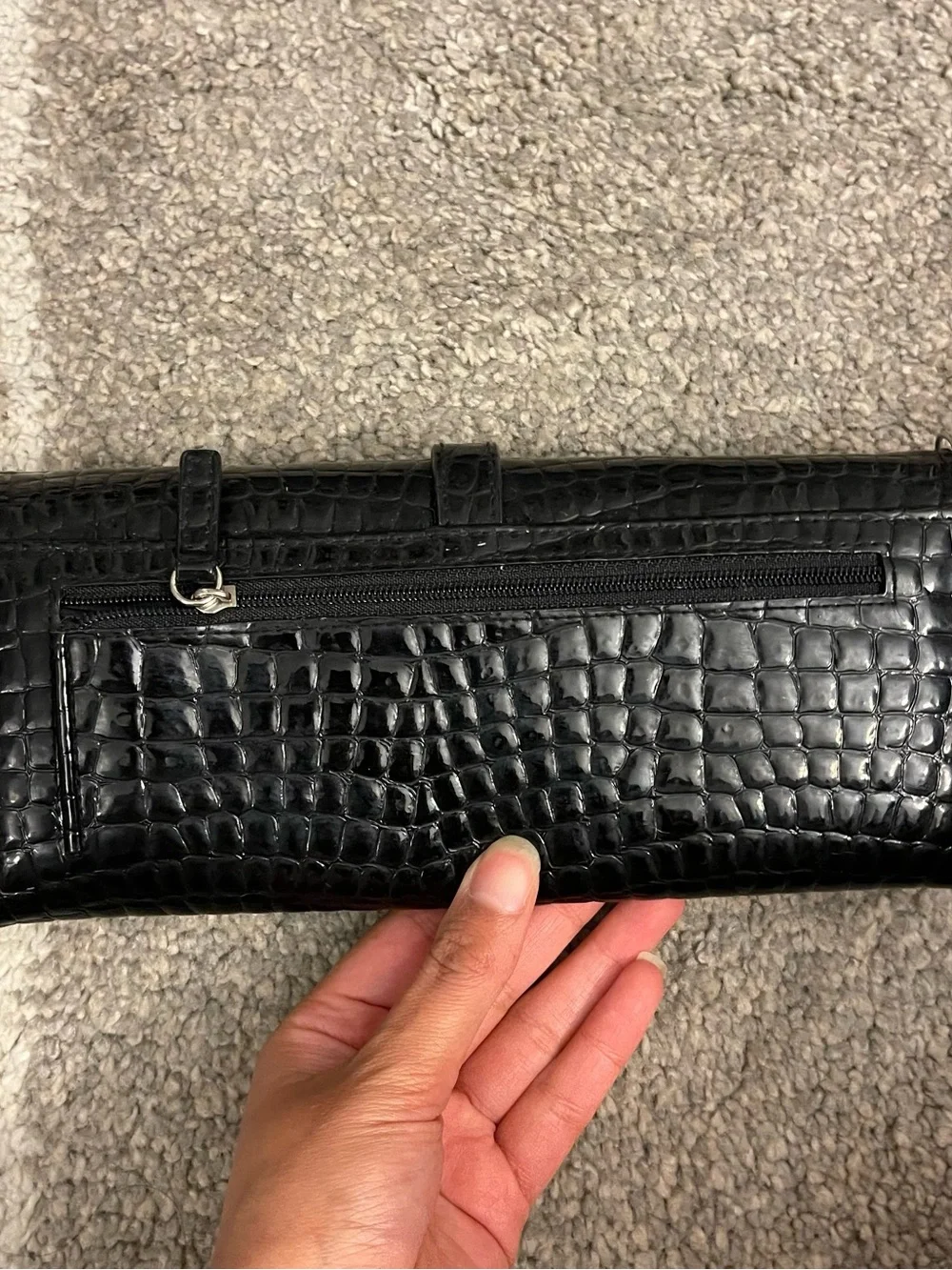 Black Croc-Embossed Leather Clutch with Silver Buckle
